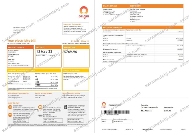 Australia Origin utility bill, Word and PDF template, 4 pages 1 2